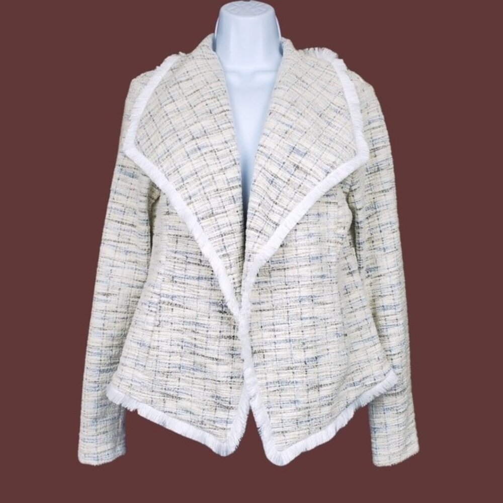 Rachel Zoe Womens Ivory Tweed Fringe Open Front Jacket Size S NWT